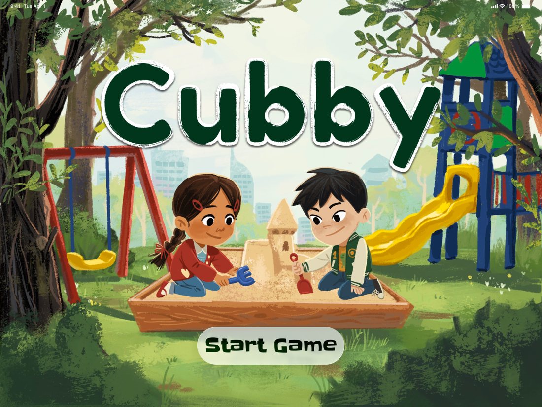 The Cubby title screen: two children building a sandcastle in a playground, with a Start Game button