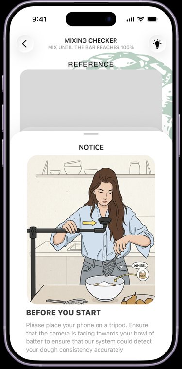 The mixing checker, with a notice asking you to put the phone on a tripod facing the bowl